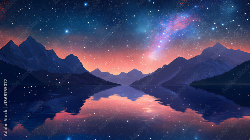 Celestial river: a nighttime panorama of mountains and starry sky. Astral Reflection. Illustration Celestial river: a nighttime panorama of mountains and starry sky. Astral Reflection. Illustration