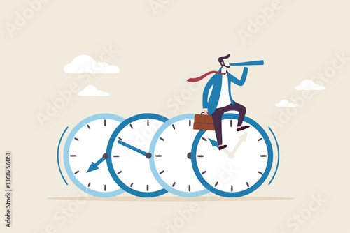 Time management, vision or effort to manage project and foresee problem or opportunity, work deadline or timer countdown, progress or development concept, businessman riding time passing clock.