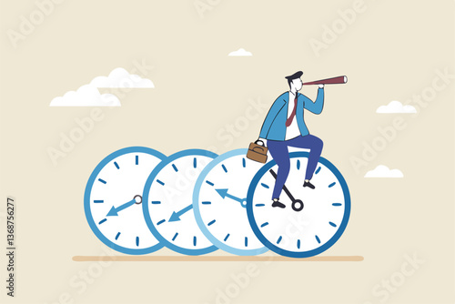 Time management, vision or effort to manage project and foresee problem or opportunity, work deadline or timer countdown, progress or development concept, businessman riding time passing clock.