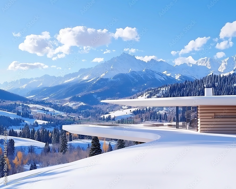 Fototapeta premium Modern chalet, snowy mountains