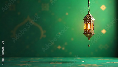 Luxury Islamic greeting card design on green background with Islamic elements decoration, eid mubarak banner, poster, ramdan kareenm template, 2025 eid greeting card, created with generative ai