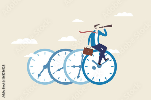 Time management, vision or effort to manage project and foresee problem or opportunity, work deadline or timer countdown, progress or development concept, businessman riding time passing clock.