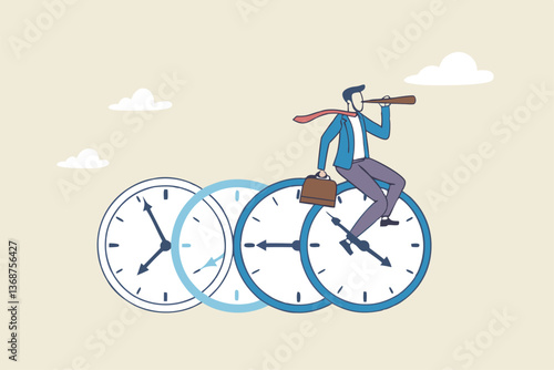Time management, vision or effort to manage project and foresee problem or opportunity, work deadline or timer countdown, progress or development concept, businessman riding time passing clock.