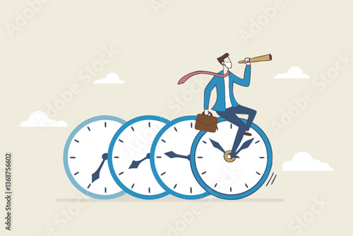 Time management, vision or effort to manage project and foresee problem or opportunity, work deadline or timer countdown, progress or development concept, businessman riding time passing clock.
