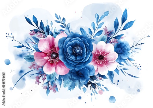 Watercolor floral bouquet with pink and blue flowers.