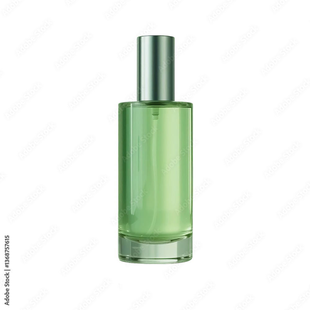 Isolated bottle of perfume with clear liquid and spray nozzle in a clean, simple design Isolated bottle of perfume with clear liquid and spray nozzle in a clean, simple design