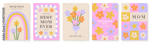 Mother's Day card collection. Cute floral illustrations with warm wishes. Modern flat style, pastel colors. Perfect for posters, social media and greeting cards.