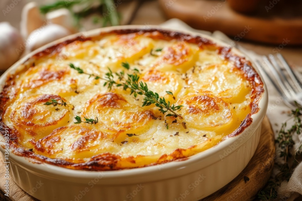 A baked potato gratin in a white ceramic dish, garnished with thyme sprigs. The potatoes are golden brown and appear creamy. The dish sits on a wooden surface A baked potato gratin in a white ceramic dish, garnished with thyme sprigs. The potatoes are golden brown and appear creamy. The dish sits on a wooden surface
