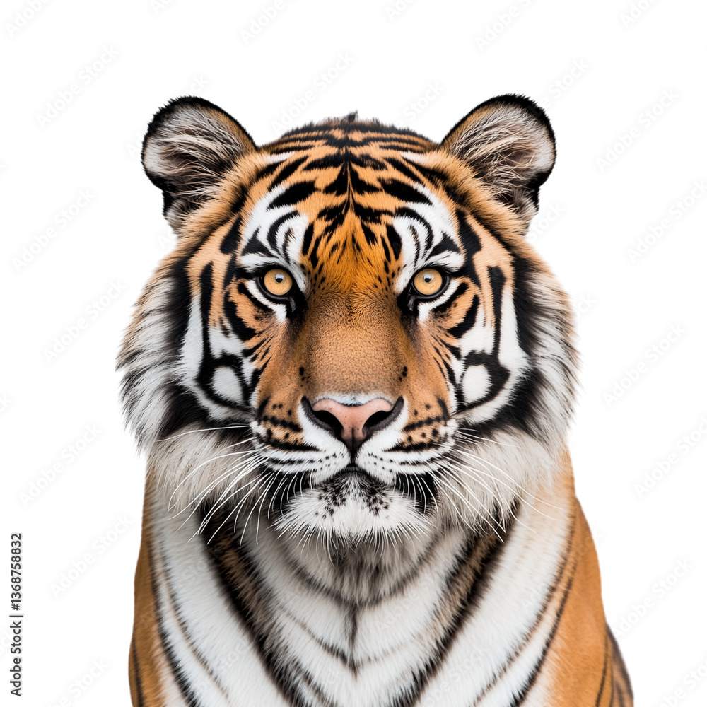 Realistic Image of a Striking Tiger Staring Forward, Bright Transparent Background Realistic Image of a Striking Tiger Staring Forward, Bright Transparent Background