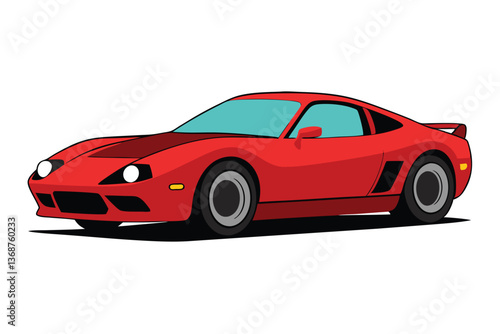 Red sports car in 3D design with shiny wheels, luxury model, and fast speed