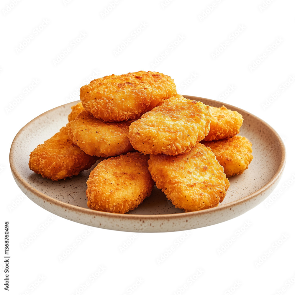 crispy chicken nuggets, on a designer plate, isolated on a white background crispy chicken nuggets, on a designer plate, isolated on a white background