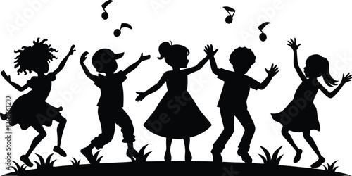 Dancing Children Silhouette Diverse Kids Having Fun with Music Notes, Cheerful Party