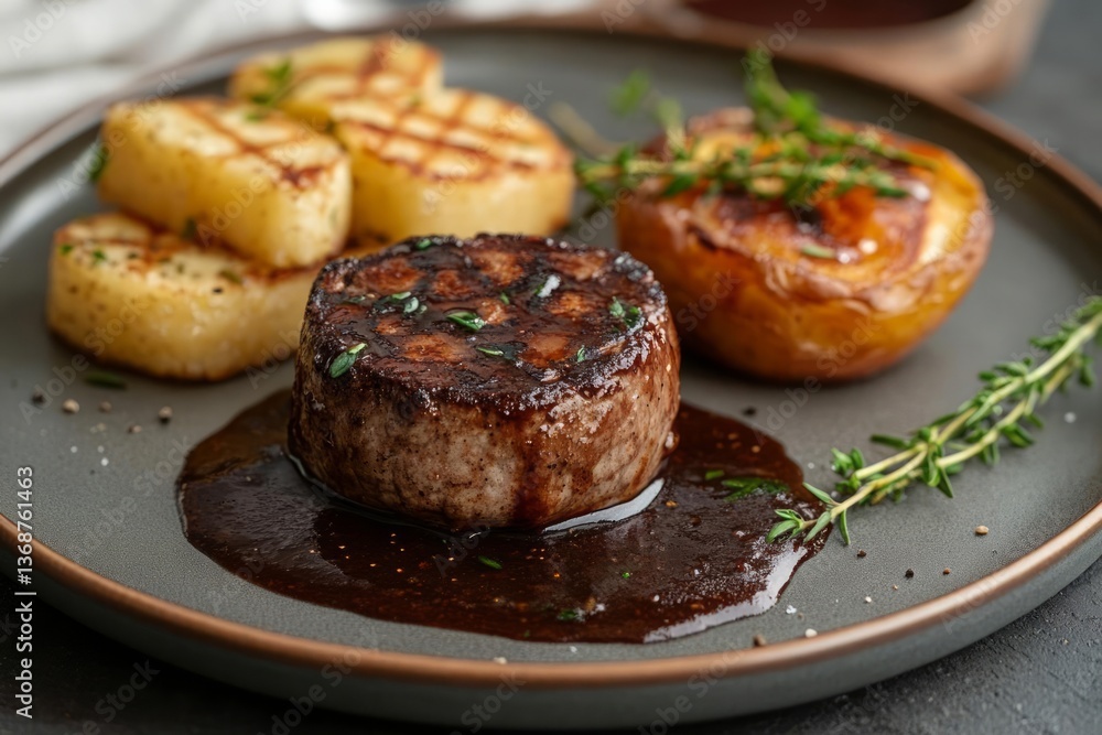 Close-up of a plated meal featuring a pan-seared beef medallion, roasted potatoes, and a baked potato half, all drizzled with a dark sauce. Fresh thyme sprigs garnish the dish Close-up of a plated meal featuring a pan-seared beef medallion, roasted potatoes, and a baked potato half, all drizzled with a dark sauce. Fresh thyme sprigs garnish the dish
