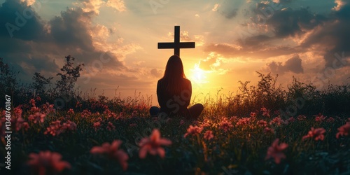 Wallpaper Mural Woman sits in a field of flowers at sunset with a cross outlined against the sky Torontodigital.ca