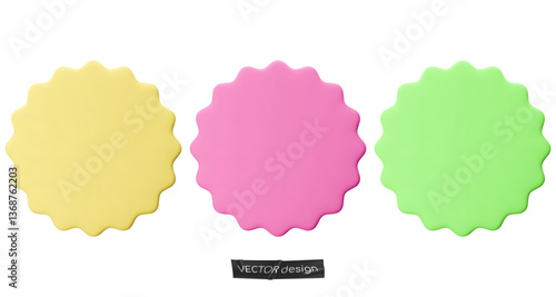 Set stickers, badges mockup. Blank labels of circle shapes with wavy edge. Vector illustration isolated on white. Copy space. Stickers or patches for preview tags, labels, design, presentation, adv