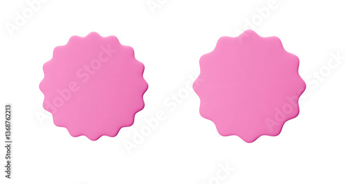 Set pink stickers, badge mockup. Blank labels of circle shapes with wavy edge. Vector illustration isolated on white. Copy space. Patches for preview tags, labels, design, presentation, adv