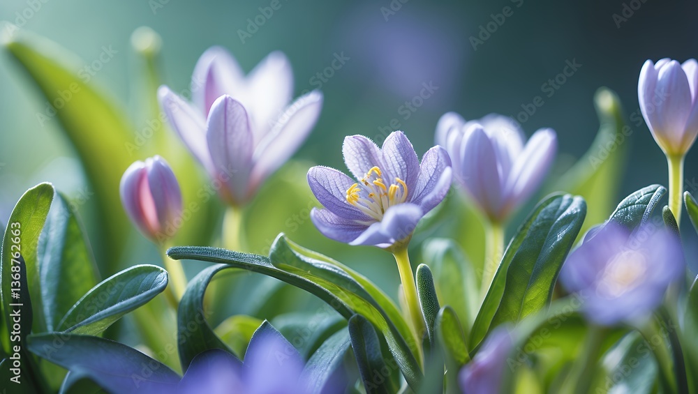 Fototapeta premium Close-up of delicate lavender flowers with yellow centers, lush green foliage