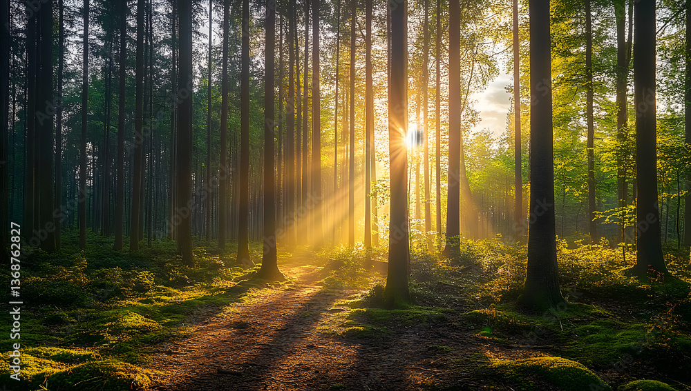 Fototapeta premium Silent Forest in spring with beautiful bright sun rays