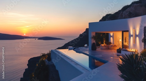 Fototapeta Naklejka Na Ścianę i Meble -  Luxury clifftop villa overlooking the sea at sunset in Santorini