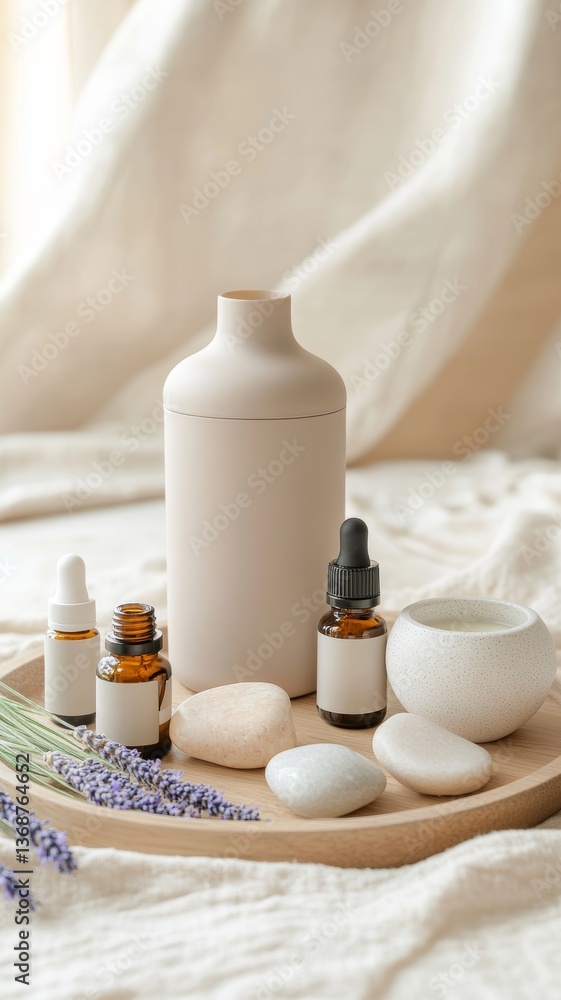 Relaxing spa setup featuring essential oils, smooth stones, and lavender on a wooden tray in a serene indoor environment Relaxing spa setup featuring essential oils, smooth stones, and lavender on a wooden tray in a serene indoor environment