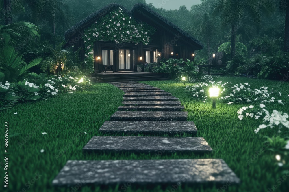 Fototapeta premium Tranquil tropical home nestled in lush greenery. A pathway leads to a charming, dark-wood cabin
