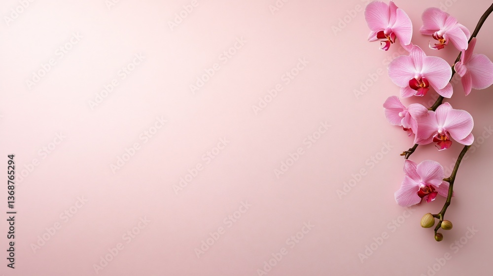 Pink orchid blooms cascade down a pink surface, creating a delicate composition Pink orchid blooms cascade down a pink surface, creating a delicate composition