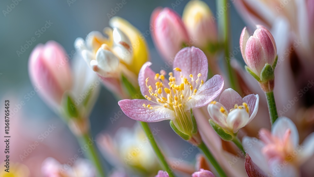 Fototapeta premium Close-up of delicate pink and yellow blossoms, soft focus