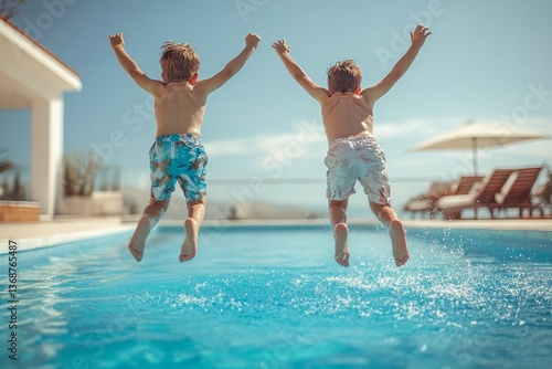 Cute young boys jumping into a swimming pool while on a fun vacation