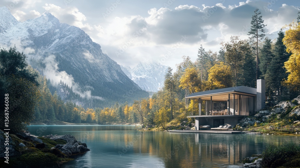 Fototapeta premium a modern house with a terrace and swimming pool near a lake in a forest landscape