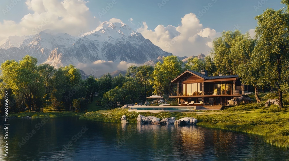 Naklejka premium a modern house with a terrace and swimming pool near a lake in a forest landscape