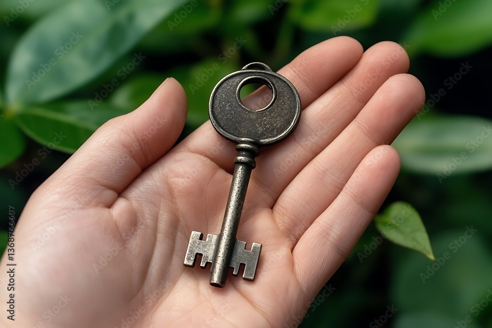 Antique Key in Hand with Green Background. Antique Key in Hand with Green Background.