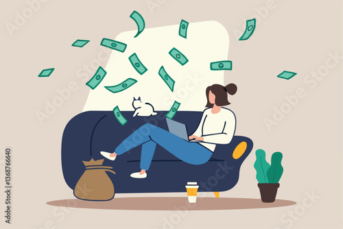 Self employed, freelancer or online business owner, remote work from home, individual job or distance worker, e-commerce business concept, young woman making money work with computer laptop at home.
