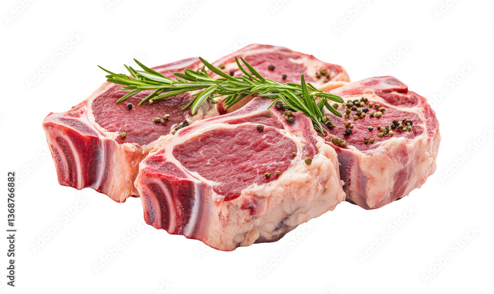 Raw lamb chops with rosemary and peppercorns on transparent background Raw lamb chops with rosemary and peppercorns on transparent background