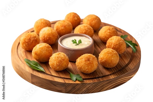 Golden-brown Arancini, a delightful Italian snack served on a rustic wooden board, encircled by fresh herbs and a creamy dipping sauce.