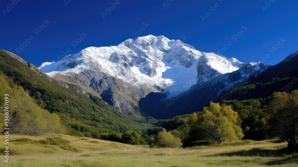 Majestic snow-capped peak, surrounded by lush green valleys Majestic snow-capped peak, surrounded by lush green valleys