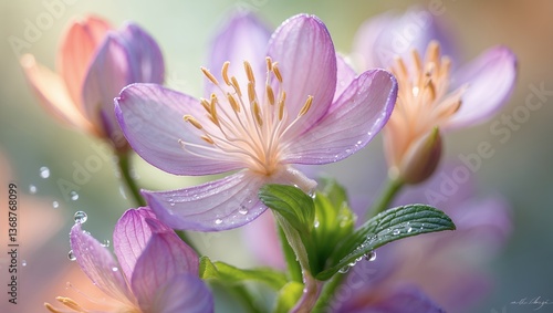 Close-up of delicate pink flowers with water droplets, soft light