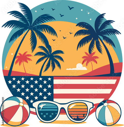 Sunny summer beach with palm trees and a tropical island silhouette, Summer tropical beach vacation with palm trees and ocean waves under a sunset sky