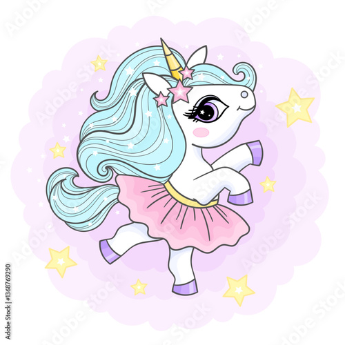 Cute little unicorn ballerina with blue mane in pink skirt dancing. Flat design. For children's design prints, posters, cards, stickers etc. Vector illustration