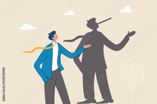 Honesty or trust, liar, fake or business fraud, integrity or telling the truth, false information, cheating or hiding the truth concept, dishonesty businessman lying with Pinocchio long nose shadow.