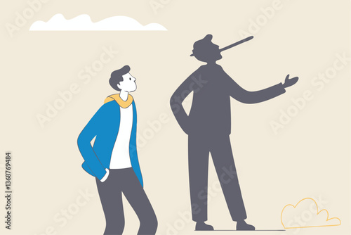 Honesty or trust, liar, fake or business fraud, integrity or telling the truth, false information, cheating or hiding the truth concept, dishonesty businessman lying with Pinocchio long nose shadow.