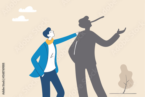Honesty or trust, liar, fake or business fraud, integrity or telling the truth, false information, cheating or hiding the truth concept, dishonesty businessman lying with Pinocchio long nose shadow.