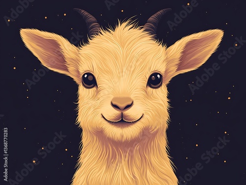 Adorable baby goat portrait against a dark starry background.