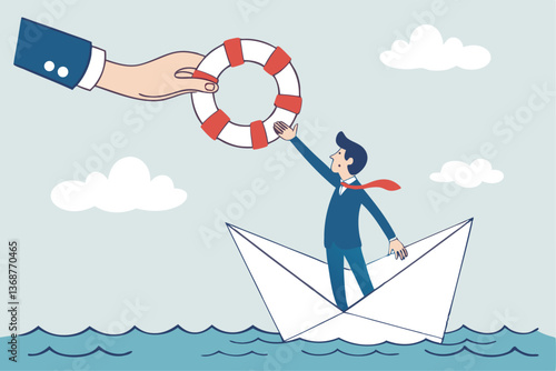 Rescue business from crisis, bankruptcy or misfortune, help, support or assistance, lifebuoy to secure in danger, survival or insurance concept, businessman help with lifebuoy on falling ship crisis.