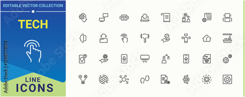 Tech vector line icon set. Includes thin line symbols ai, innovation, technology, development and more. Automation icon pack. Icons for UI design. Editable stroke vector art.