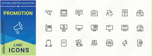 Promotion linear icon. Contains such symbols as mobile, market, online marketing, business, marketing. Advertising modern icon. UI icons set in a thin style. Editable stroke.