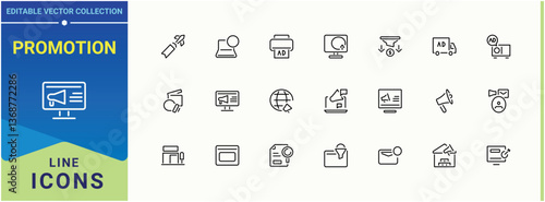 Promotion linear icon. Contains such symbols as mobile, market, online marketing, business, marketing. Advertising modern icon. UI icons set in a thin style. Editable stroke.