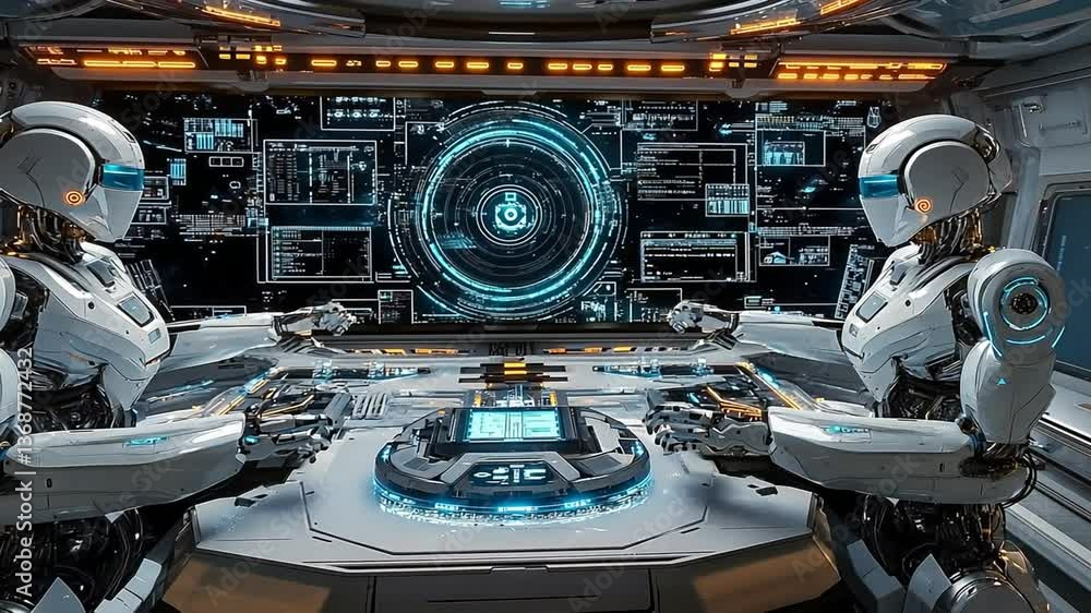 Two White Robots Monitor Data on a Futuristic Control Panel Two White Robots Monitor Data on a Futuristic Control Panel