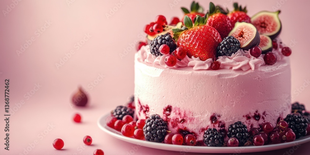 Deliciously decorated cake with fresh berries and figs captured on a pastel background Deliciously decorated cake with fresh berries and figs captured on a pastel background