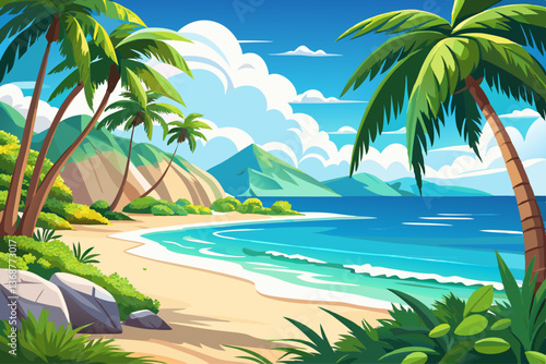 vector of Luxurious tropical landscape. White sand with palm trees and azure sea. A heavenly place to relax. Beautiful exotic summer beach background for design.
