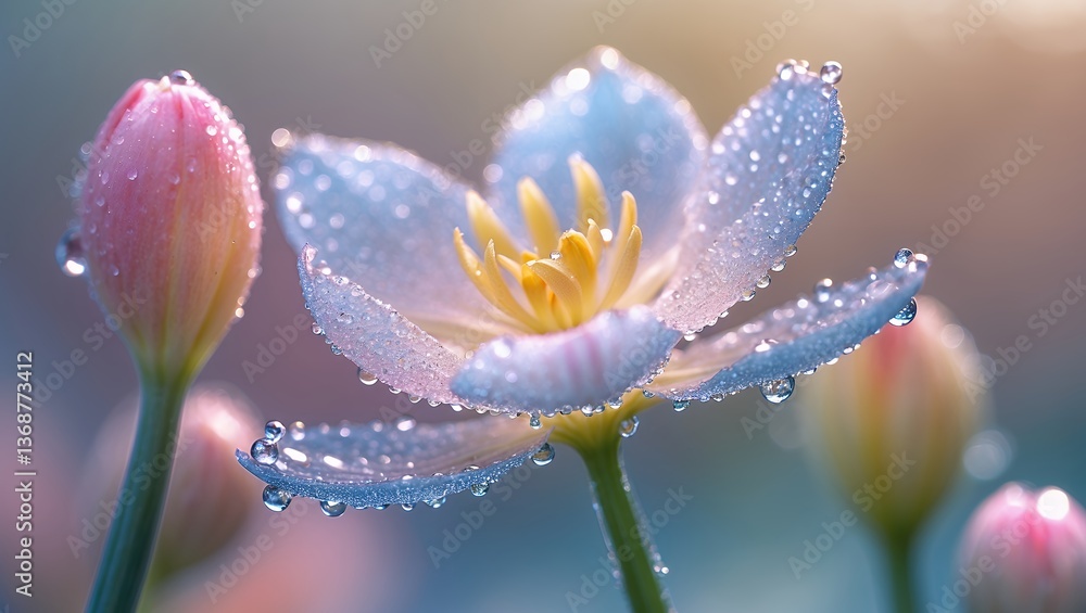 Fototapeta premium Close-up of delicate white flower with water droplets and soft colors